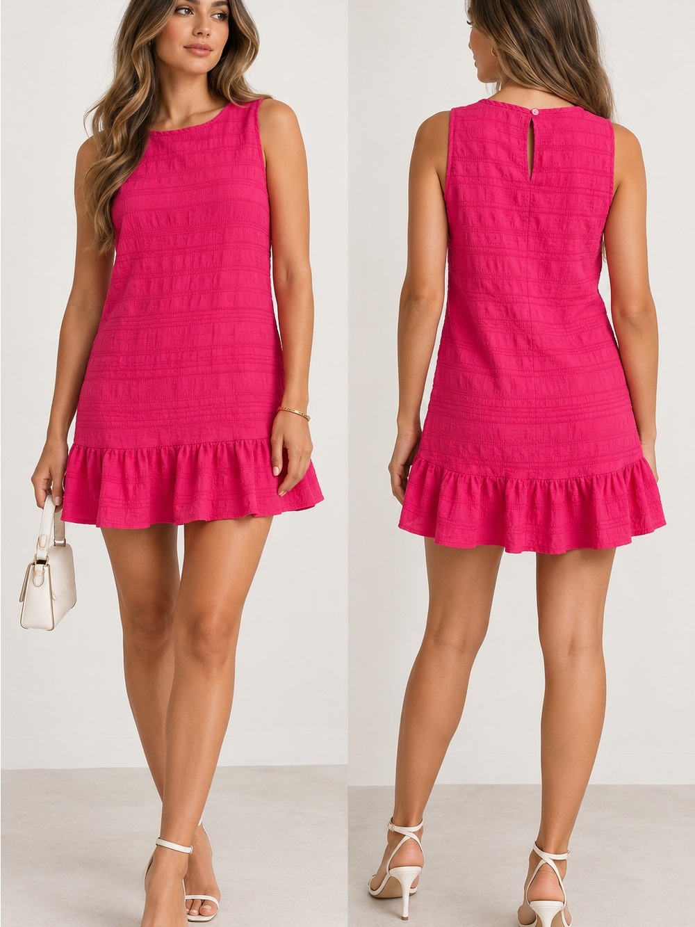 Emery Rose Hot Pink Textured Ruffle Hem Mini Shift Dress Size S NWOT